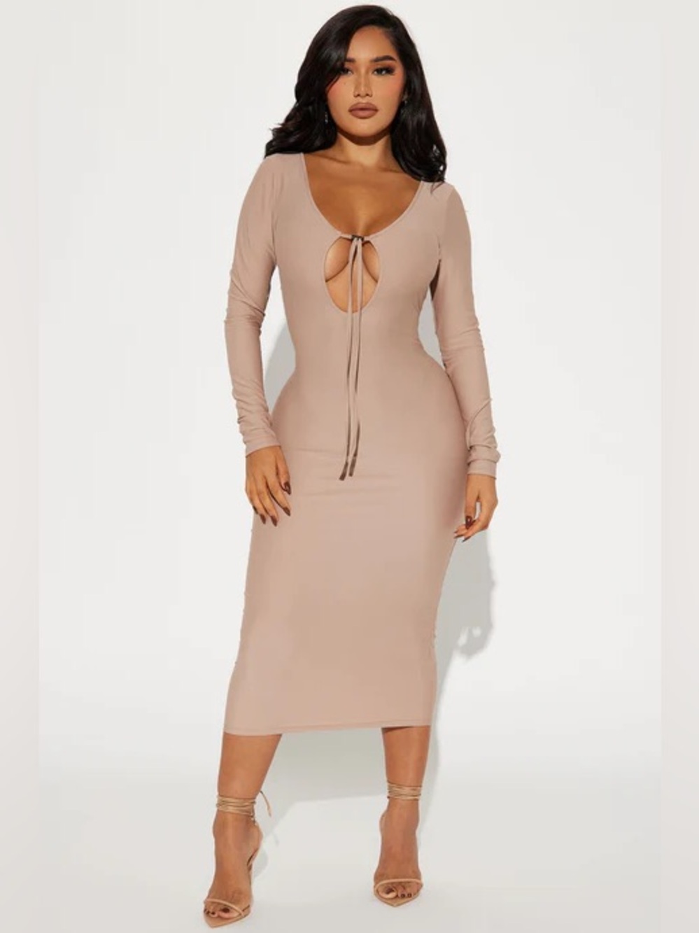 Fashion Nova Long Sleeve Tie-Front Midi Dress in Nude